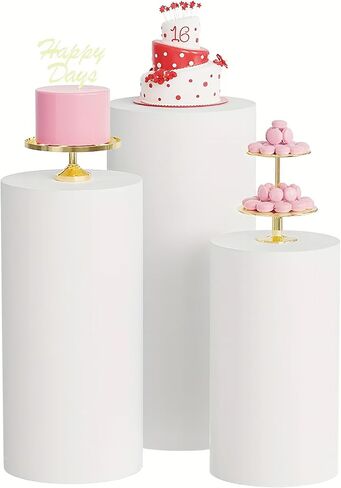 3PCS Large White Cylinder Pedestal Stand Covers, Spandex Fitted Cylinder Stand Covers, Elastic Cloth Plinth Pillar Cover for Party, Wedding, Birthday Event and Display Decor (Without Cylinder Stands) in Saudi Arabia
