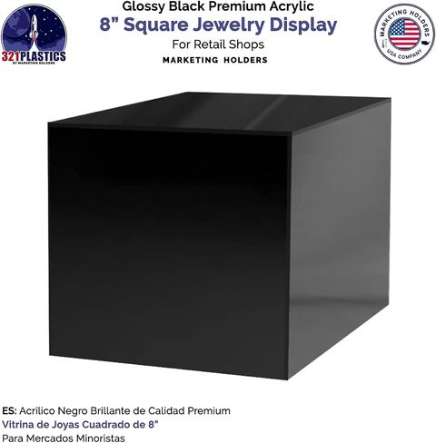 8" Acrylic Display Riser Box with One Open Side No Lid Versatile Glossy Black Square Lucite Retail Product Platform or Merchandise Storage Bin No Assembly by Marketing Holders in Saudi Arabia