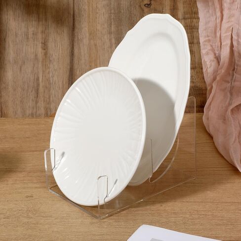 4 Pcs Plate Dinnerware Display Stand, 2-Tier China Platters Holder, Acrylic Plate Stands for Display Clear Kitchen Cabinet Organizer in Saudi Arabia