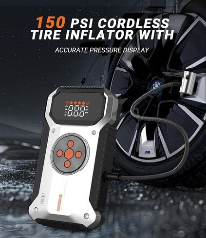 Car Jump Starter with Air Compressor, 4000A Jump Starter (All Gas/9L Diesel), 12V Car Battery Jump Box with 150 PSI Tire Inflator, 3 Modes Flashlight, Jumper Cables, Storage Case in Kuwait