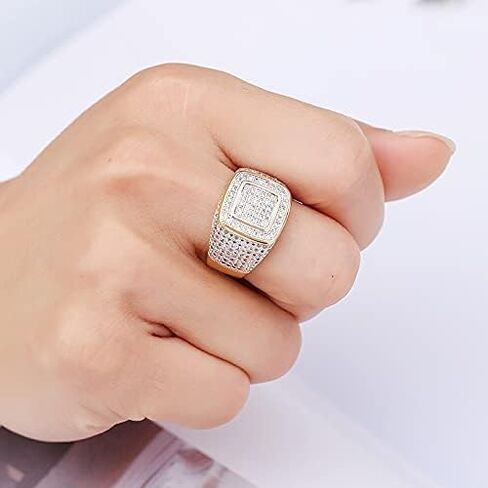 14K Gold over S925 Sterling Silver Wide Face Densely Set Moissanite Ring, Multi-Layer Men's Hip-Hop Ring, A Layered Expression of Modern Fashion,Gifts for Dad in Saudi Arabia