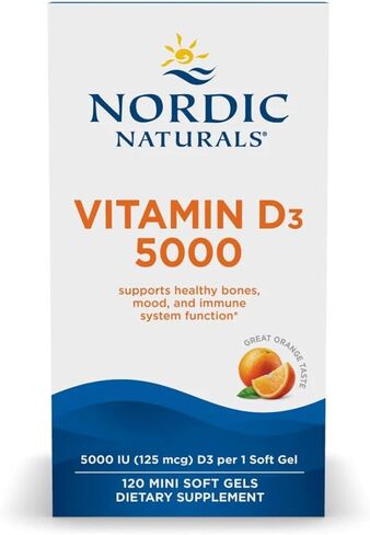 Nordic Naturals Vitamin D3 5000, Orange - 200 Mini Soft Gels - Support for Healthy Bones, Mood, & Immune System - Vegetarian - Non-GMO - 200 Servings in Saudi Arabia