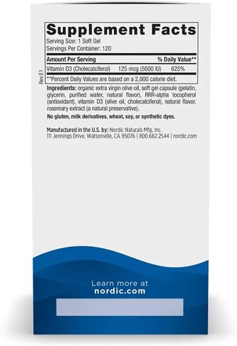 Nordic Naturals Vitamin D3 5000, Orange - 200 Mini Soft Gels - Support for Healthy Bones, Mood, & Immune System - Vegetarian - Non-GMO - 200 Servings in Saudi Arabia