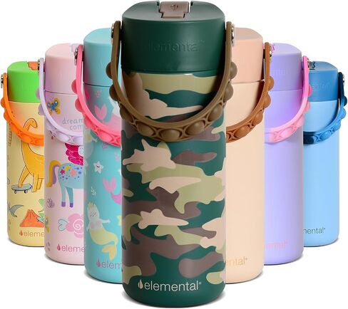 Elemental Insulated Kids Water Bottle, Stainless Steel Water Bottle with Straw Lid & Pop-It Handle, Leak-Proof Water Bottles for School, Boys or Girls, Travelling and Sports, 18oz - Green Camo in Saudi Arabia