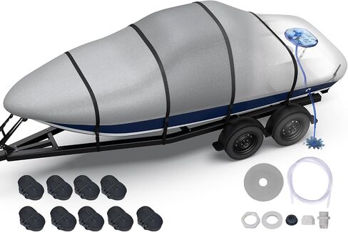 Heavy Duty Boat Cover 17'-19', 1400D Middle Reinforced Waterproof Polyester Canvas, Trailerable Boat Cover with Fast Drainage Kits Fit 17-19ft V-Hull/Tri-Hull/Runabout/Bass Boat/Fish & Ski, Black in Saudi Arabia