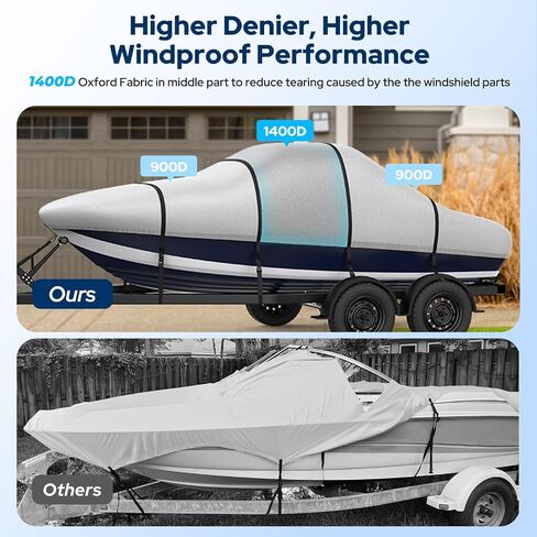 Heavy Duty Boat Cover 17'-19', 1400D Middle Reinforced Waterproof Polyester Canvas, Trailerable Boat Cover with Fast Drainage Kits Fit 17-19ft V-Hull/Tri-Hull/Runabout/Bass Boat/Fish & Ski, Black in Saudi Arabia