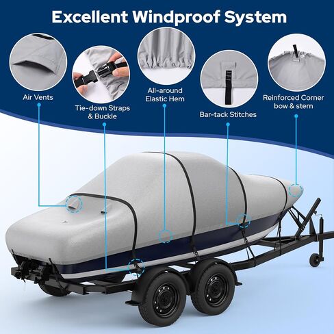 Heavy Duty Boat Cover 17'-19', 1400D Middle Reinforced Waterproof Polyester Canvas, Trailerable Boat Cover with Fast Drainage Kits Fit 17-19ft V-Hull/Tri-Hull/Runabout/Bass Boat/Fish & Ski, Black in Saudi Arabia
