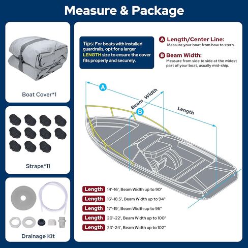 Heavy Duty Boat Cover 17'-19', 1400D Middle Reinforced Waterproof Polyester Canvas, Trailerable Boat Cover with Fast Drainage Kits Fit 17-19ft V-Hull/Tri-Hull/Runabout/Bass Boat/Fish & Ski, Black in Saudi Arabia