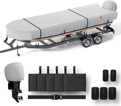 Jon Boat Cover 16ft with Motor Cover, 1200D Heavy Duty Marine Grade Polyester Fabric, Waterproof UV Resistant Mooring Boat Cover with Mooring Sand Bag, Gray in Saudi Arabia