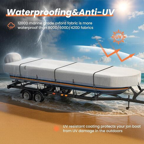 Jon Boat Cover 16ft with Motor Cover, 1200D Heavy Duty Marine Grade Polyester Fabric, Waterproof UV Resistant Mooring Boat Cover with Mooring Sand Bag, Gray in Saudi Arabia