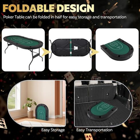 FAHKNS 8 Player Poker Table Foldable, 72 Inch Texas Holdem Casino Table with Padded Rails and 8 Cup Holders, Portable Folding Game Table for Texas Holdem Blackjack Board Games in Saudi Arabia