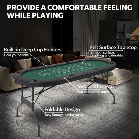 FAHKNS 8 Player Poker Table Foldable, 72 Inch Texas Holdem Casino Table with Padded Rails and 8 Cup Holders, Portable Folding Game Table for Texas Holdem Blackjack Board Games in Saudi Arabia