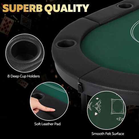 FAHKNS 8 Player Poker Table Foldable, 72 Inch Texas Holdem Casino Table with Padded Rails and 8 Cup Holders, Portable Folding Game Table for Texas Holdem Blackjack Board Games in Saudi Arabia