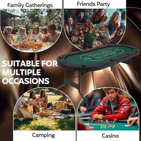FAHKNS 8 Player Poker Table Foldable, 72 Inch Texas Holdem Casino Table with Padded Rails and 8 Cup Holders, Portable Folding Game Table for Texas Holdem Blackjack Board Games in Saudi Arabia