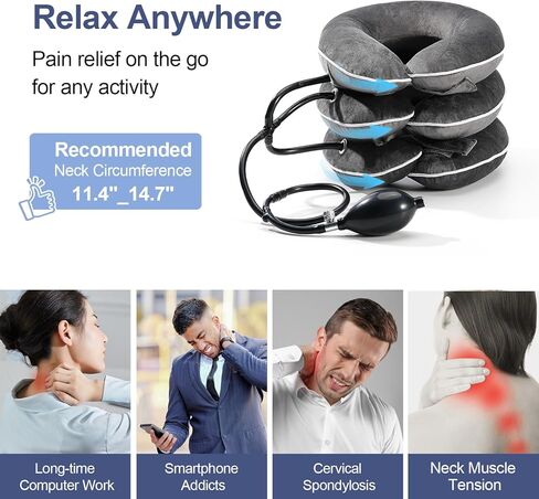 نقالة الرقبة لتخفيف الألم ، جهاز الجر القابل للنفخ القابل للضبط ، دعامة الرقبة للاستخدام المنزلي ، تدعم إزالة الضغط على الرقبة ومواءمة العمود الفقري ， الهدايا للنساء (رمادي) in Kuwait