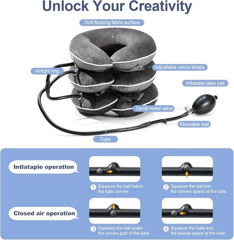 نقالة الرقبة لتخفيف الألم ، جهاز الجر القابل للنفخ القابل للضبط ، دعامة الرقبة للاستخدام المنزلي ، تدعم إزالة الضغط على الرقبة ومواءمة العمود الفقري ， الهدايا للنساء (رمادي) in Kuwait