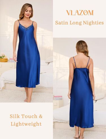 Vlazom Women's Satin Nightgowns Sexy Lingerie Long Nightgowns Satin Silk Negligee V Neck Lace Chemise Sleepwear S-XXL in Saudi Arabia