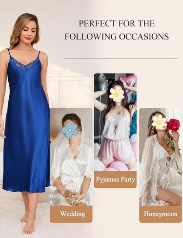 Vlazom Women's Satin Nightgowns Sexy Lingerie Long Nightgowns Satin Silk Negligee V Neck Lace Chemise Sleepwear S-XXL in Saudi Arabia
