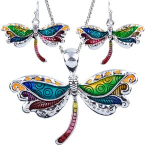Stunning Dragonfly Pendant Necklace and Earrings Set with 24" Chain Fashion Jewelry