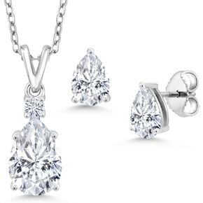 Gem Stone King 925 Sterling Silver White Moissanite Pendant and Earrings Jewelry Set For Women (3.37 Cttw, Gemstone Birthstone, Pear Shape 10X7MM and 7X5MM, with 18 Inch Chain)