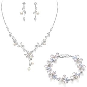 EVER FAITH Women's CZ Cream Simulated Pearl Floral Leaf Wedding Bride Tennis Bracelet Necklace Earrings Set Clear Silver-Tone