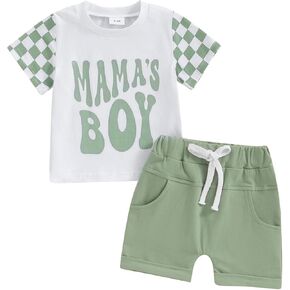 FOCUSNORM Toddler Boys Summer Outfits Mamas Boy Checkerboard Short Sleeve T-Shirts Tops and Elastic Waist Shorts Clothes Sets in Kuwait