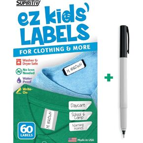 Ez Kids Clothing Labels + Permanent Marker | Self-Stick No-Iron Write-On | Great for Children & Adults | Washer & Dryer Safe | Camp, Nursing Care, Organizing, All Purpose | 1 Sheet 60 Blank Labels