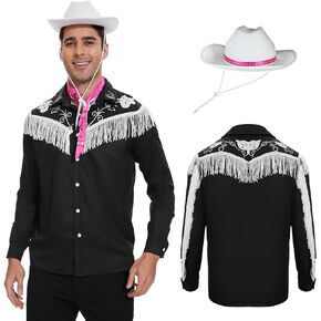 3 Pcs Cowboy Costume for Men,80s 90s Western Fringe Shirt with Scarf and Cowboy hat,Halloween Cosplay Outfit