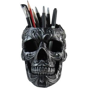 DWK Skull Victorian Gothic Decorative Pen Holder | Goth Office Supplies and Black Desk Organizers and Accessories | Gothic Halloween Desk Decorations - 5"