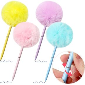 4 Pack Pom Pom Pen Colorful Fluffy Pen Cute Fluffy Ballpoint Pens for Office School Accessory Stationery Kids Women Girls Coworkers, Pink, Blue, Purple, Yellow