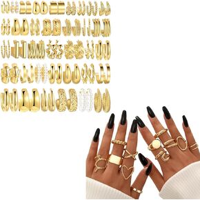 FAXHION 12PCS Gold Stackable Rings Set for Women,36 Pairs Gold Hoop Earrings Set for Women Girls