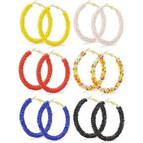 6 Pairs Bohemian Beaded Hoop Earrings Women Colorful Handmade Large Circle Dangle Drop Earrings for Women Girls(Cute Colors)