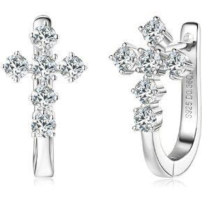 Moissanite Hoop Earrings, 925 Sterling Silver Cross Earring for Women with 18K White Gold / 14K Yellow Gold Plating Lab-created Diamond Hoops Hypoallergenic Jewelry for Sensitive Ears