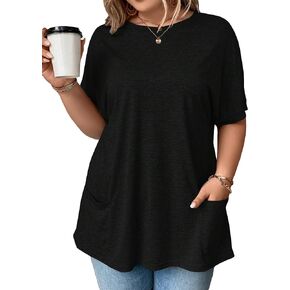 OYOANGLE Women's Plus Size Short Sleeve Round Neck Pocket Tee Shirt Basic Solid Loose Tunic Tops