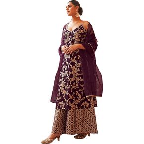 Janasya Mothers Day Gifts Purple Brocade Woven Design Kurta with Palazzo and Dupatta