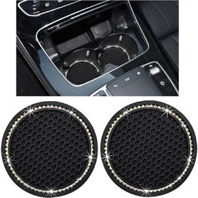 Kewucn 2 Pack Bling Car Cup Coaster, 2.75 Inch Rhinestone Silicone Auto Cup Holder Insert Coaster, Anti Slip Crystal Soft Rubber Cup Pad, Universal Vehicle Accessories for Women (Black)