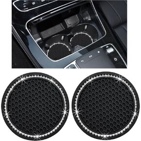 Kewucn 2 Pack Bling Car Cup Coaster, 2.75 Inch Rhinestone Silicone Auto Cup Holder Insert Coaster, Anti Slip Crystal Soft Rubber Cup Pad, Universal Vehicle Accessories for Women (Black)