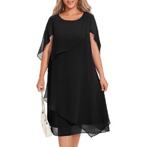 Women Plus Size Cape Dress with Chiffon Overlay Elegant Wedding Guest Cocktail Party Dress