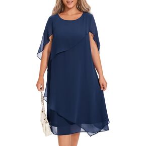 Women Plus Size Cape Dress with Chiffon Overlay Elegant Wedding Guest Cocktail Party Dress