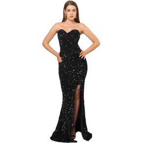 Velvet Sequin Formal Women's Evening Dress Strapless Padd Prom Gown