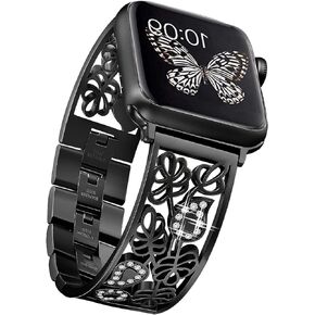Secbolt Carved Flower Bling Bands Compatible with Apple Watch Band 38mm 40mm 41mm 42mm 44mm 45mm iWatch Series 9/8/7/6/5/4/3/2/1/SE, Stainless Steel Dressy Jewelry Diamond Bracelet Women