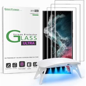 amFilm Glass Screen Protector for Samsung Galaxy S22 Ultra, 3D Curved with Liquid Dispersion Tech, Designed for Fingerprint Reader, Upgraded Easier Application Tray, Tempered Glass, 3 Pack