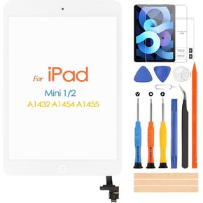 لجهاز iPad Mini 1 / Mini 2، شاشة تعمل باللمس لجهاز iPad Mini1 A1432 A1454 A1455 / Mini2 A1489 A1490 A1491 مجموعة زجاجية رقمية مع زر الصفحة الرئيسية وأدوات إصلاح (أبيض، وليس LCD)