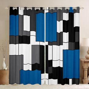 Manfei Kids Blue Geometric Window Curtains Black White Grey Square Window Treatments, Modern Abstract Window Drapes for Boys Girls Room Decor Grommet Top 2 Panel Set Bedroom Curtains, 38Wx54L inch