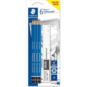 STAEDTLER Mars Lumograph 2B Pencil Set - 6 Pencils with a Ruler, a Sharpener and an Eraser