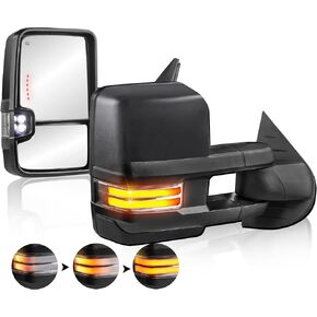 Pair Black Power Fold Towing Mirrors Compatible with 07-13 GMC Serria Yukon Chevy Silverado Suburban Tahoe w/Turn Light,Control Switch, Backup Lamp