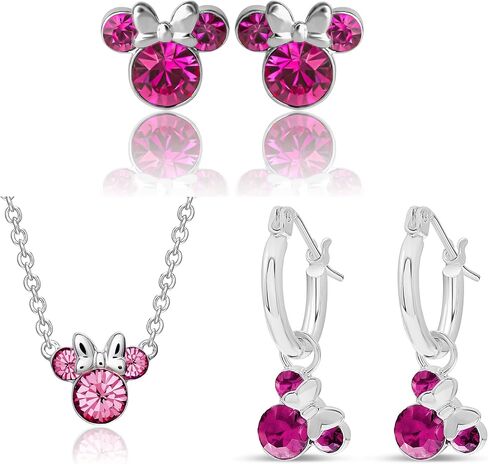 Disney Minnie Mouse October Birthstone Silver Plated Stud Earrings, Silver Plated Pendant Necklace and Silver Plated Hoop Earrings Latch Back Bundle in Saudi Arabia