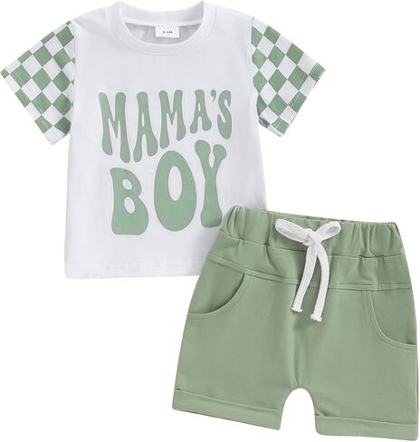 FOCUSNORM Toddler Boys Summer Outfits Mamas Boy Checkerboard Short Sleeve T-Shirts Tops and Elastic Waist Shorts Clothes Sets in Saudi Arabia