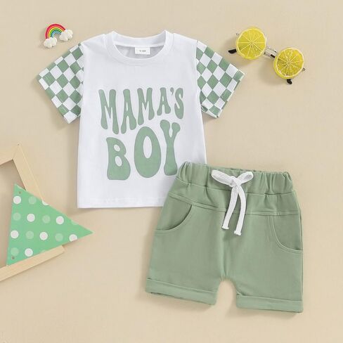 FOCUSNORM Toddler Boys Summer Outfits Mamas Boy Checkerboard Short Sleeve T-Shirts Tops and Elastic Waist Shorts Clothes Sets in Saudi Arabia