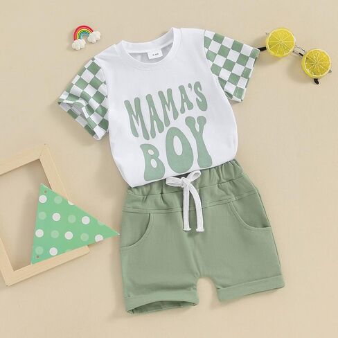 FOCUSNORM Toddler Boys Summer Outfits Mamas Boy Checkerboard Short Sleeve T-Shirts Tops and Elastic Waist Shorts Clothes Sets in Saudi Arabia